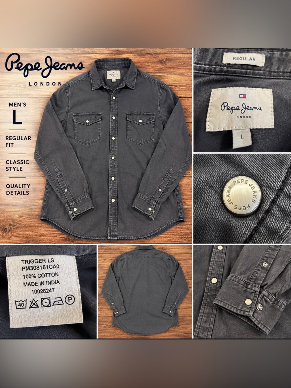 Pepe Jeans London Trigger LS Men’s Large Washed Black Western Snap Shirt